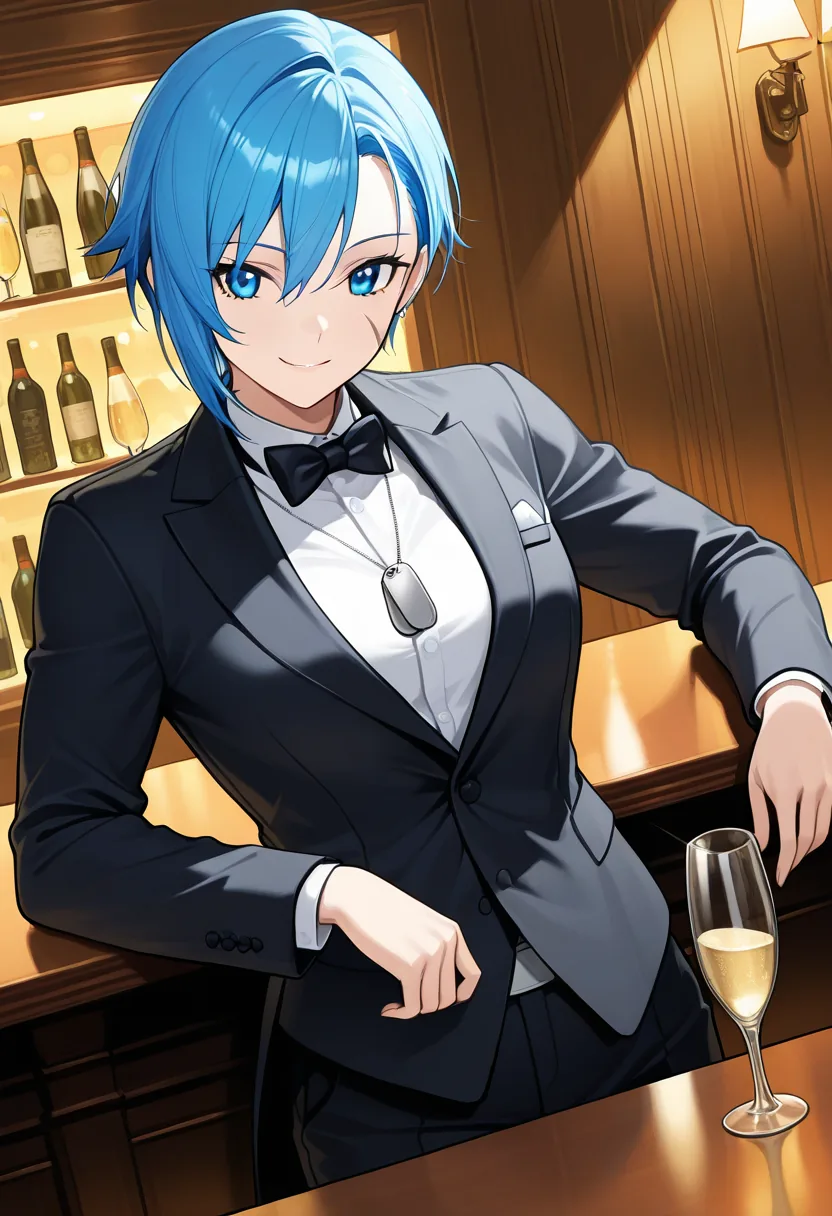 Story 55: Tuxedo Decision — panel 5 — leaning bar