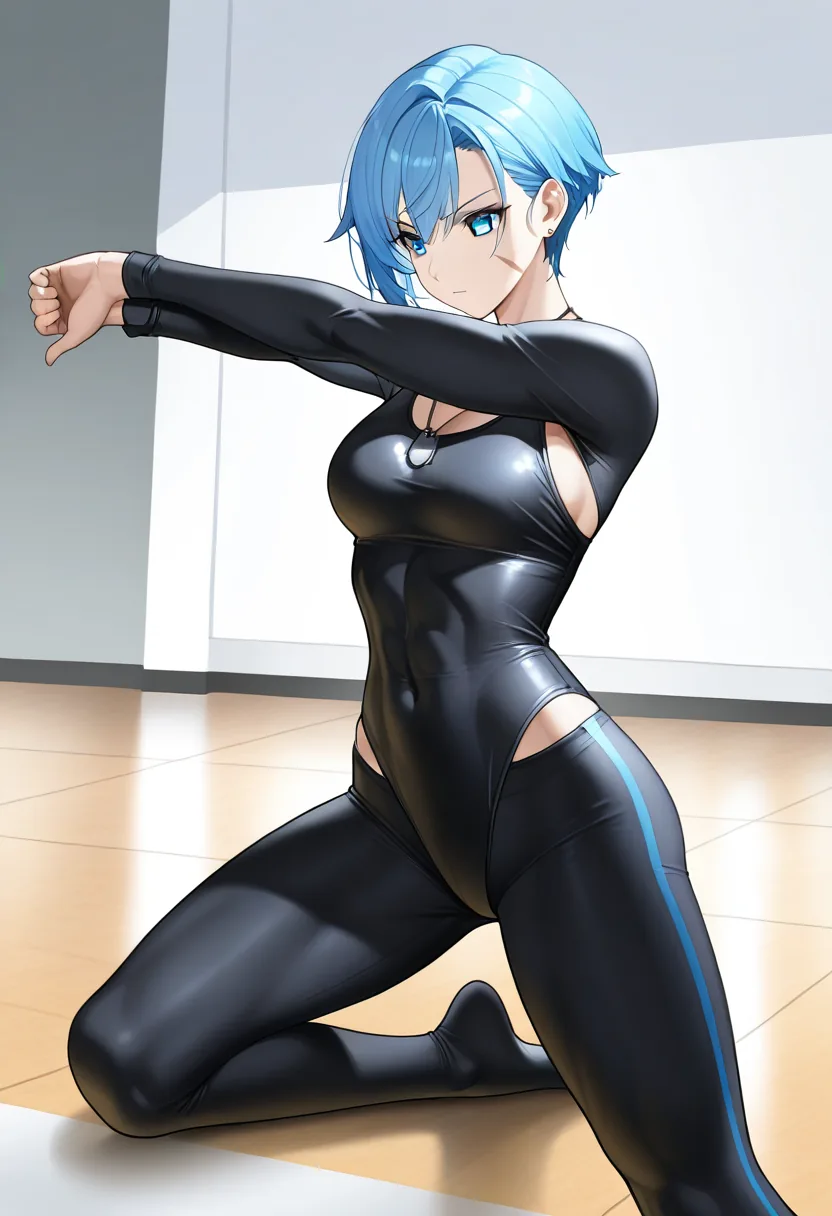 Story 60: Leotard On — panel 3 — stretching studio