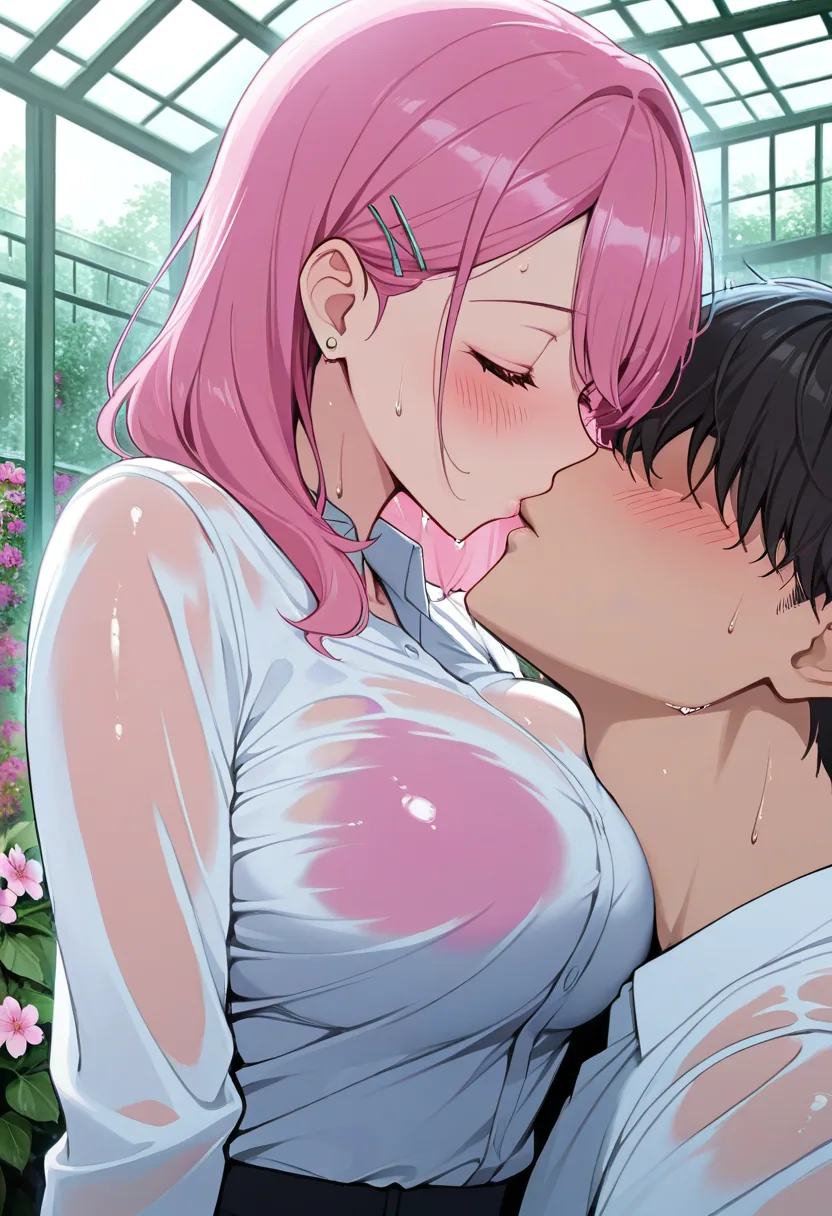 Story 10: Watering Plants — panel 4 — humid greenhouse kiss