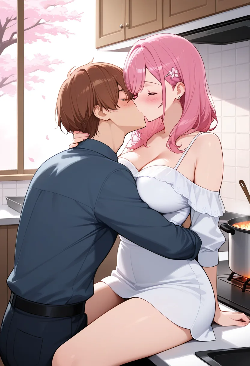 Story 29: Cooking Together — panel 5 — countertop kiss
