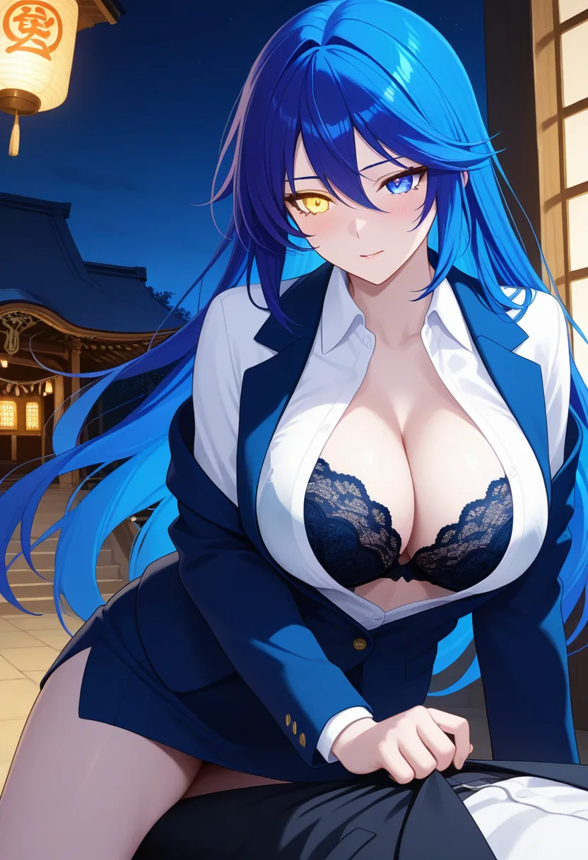 Story 6: Midnight Shrine Entrance — panel 6 — blazer off shirt open