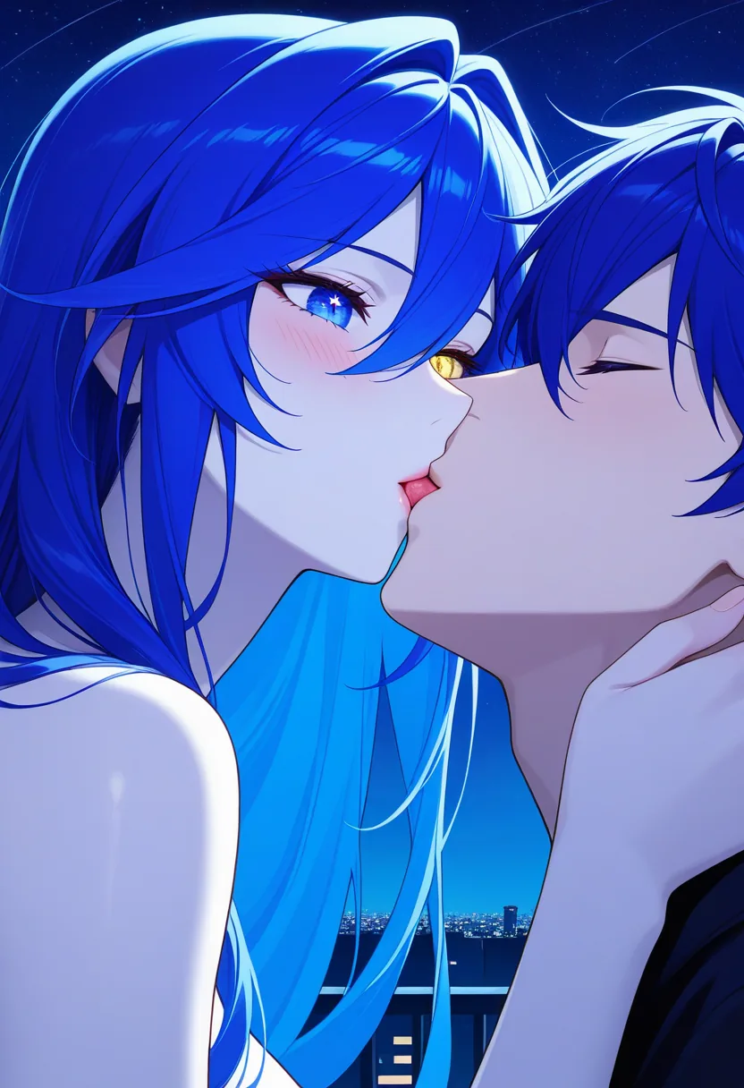 Story 7: Rooftop Night Stargazing — panel 4 — first kiss rooftop