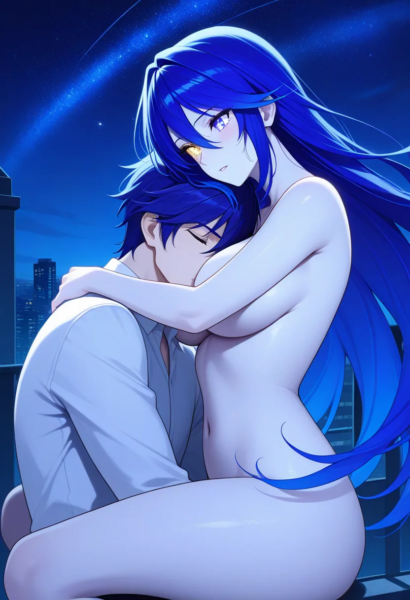 Story 7: Rooftop Night Stargazing — panel 6 — shirt open intimate embrace