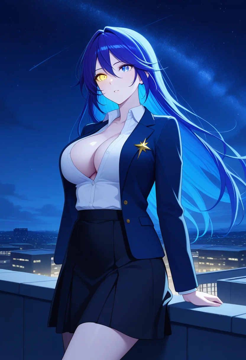 Story 10: Rooftop Night Stars Sora Gazing — panel 5 — rooftop night stars sora blazer removed partially open shirt