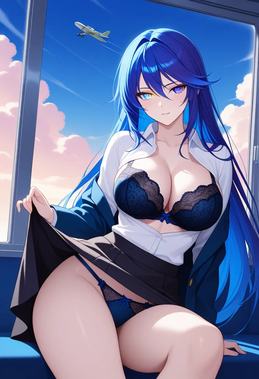 Story 12: Airplane Window Sora Looking Out — panel 4 — airplane window sora blazer removed revealing lingerie