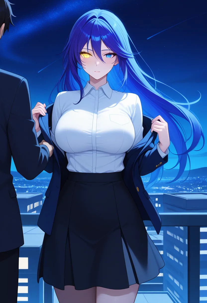 Story 22: Rooftop Night Sky Sora Talking — panel 5 — blazer removal