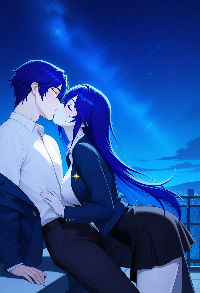 Story 28: Rooftop Stargazing Night Sky — panel 3 — gentle kiss under stars