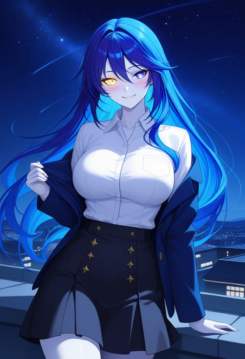 Story 28: Rooftop Stargazing Night Sky — panel 4 — unbuttoning shirt with gaze
