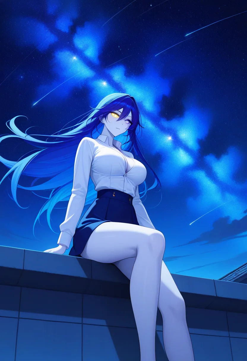 Story 34: Sophisticated Rooftop Stargazing — panel 3 — blazer discarded under nebula