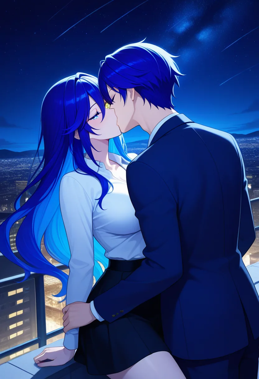 Story 49: And Partner On Rooftop At Night Under Stars Kissing — panel 1 — sora and partner on rooftop at night under stars kissing