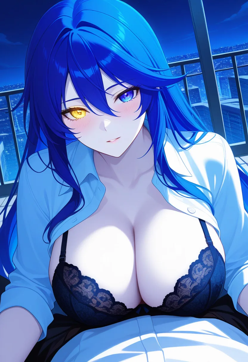 Story 60: Rooftop Night Sky Stargazing — panel 5 — shirt partially unbuttoned revealing cleavage