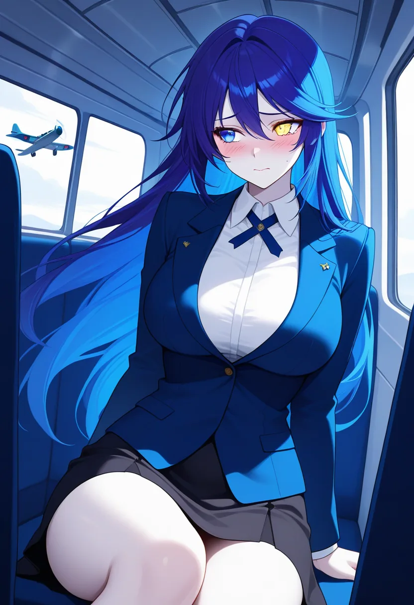 Story 62: Airplane Window Clouds View — panel 4 — blazer removed shirt partially open