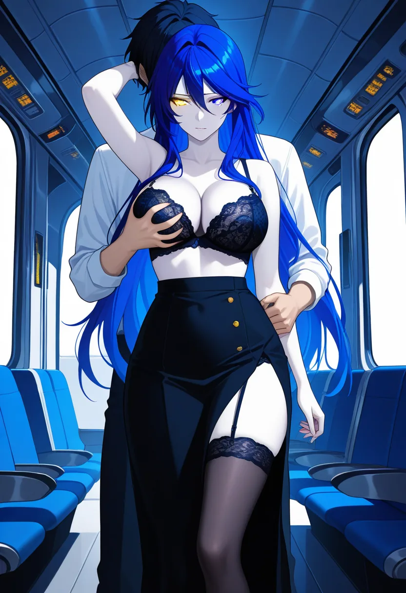 Story 62: Airplane Window Clouds View — panel 5 — shirt off revealing bra and stockings