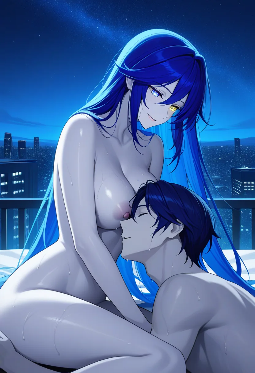 Story 63: Rooftop Night Clearing Clouds Stargazing — panel 7 — rooftop night nude afterglow lying together