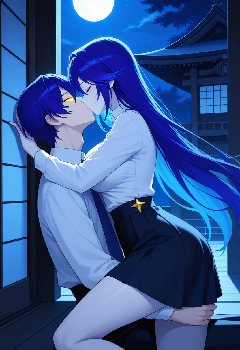 Story 68: Midnight Shrine Moonlight Standing — panel 4 — midnight shrine kissing clothed