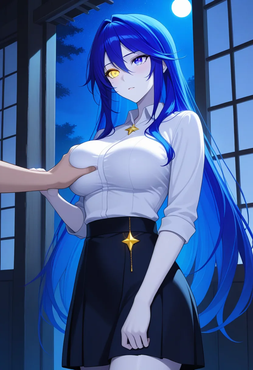 Story 68: Midnight Shrine Moonlight Standing — panel 5 — midnight shrine partial nudity shirt open