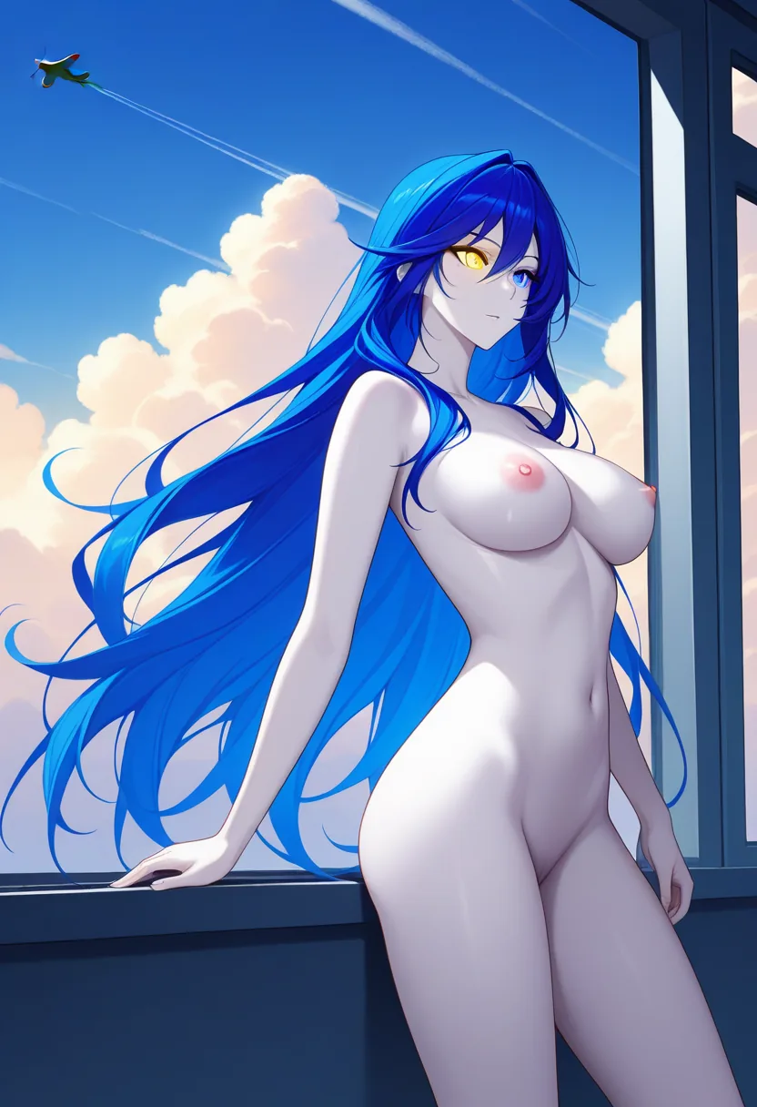 Story 96: Airplane Window Clothed — panel 4 — nude posing by window