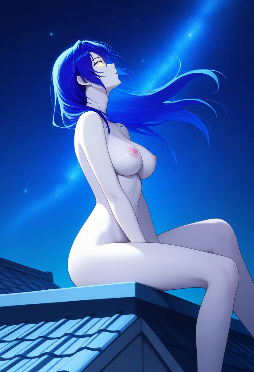 Story 100: Rooftop Night Sky — panel 6 — nude sitting profile