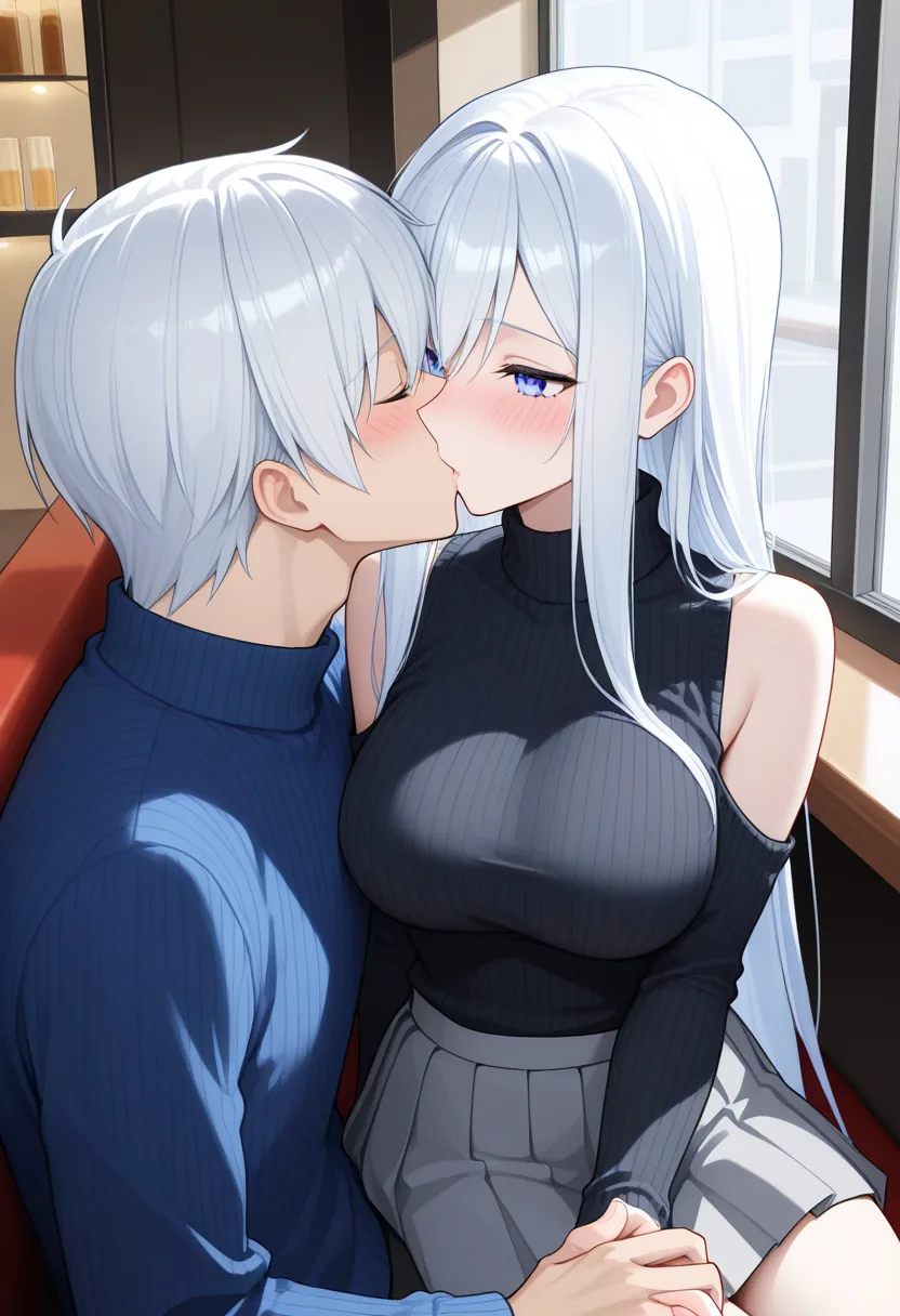 Story 3: Coffee Date — panel 3 — booth kissing
