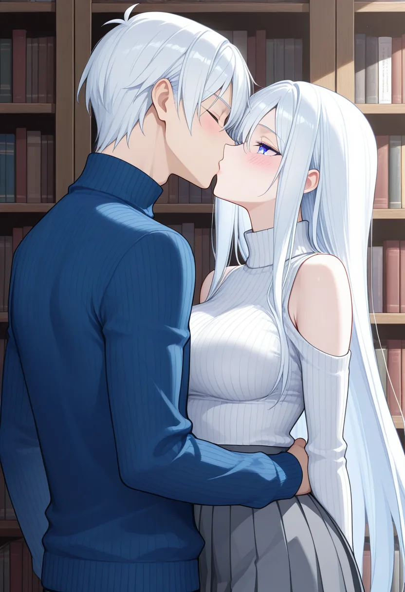 Story 21: Library Study Setup — panel 4 — kissing embrace